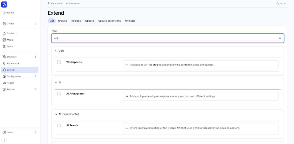 Screenshot from Drupal with the section with extensions and modules for extended system functionality.