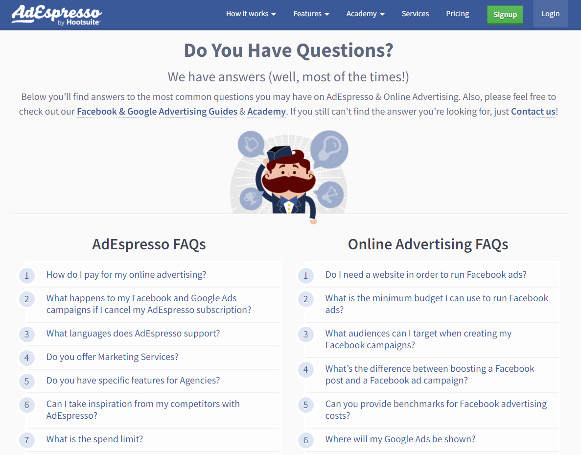 The questions on the AdEspresso FAQ page are divided into two categories