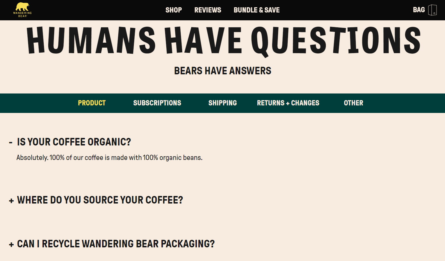 Wandering Bear's FAQ page is distinguished by its relaxed style of communication
