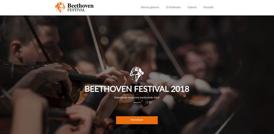 Beethoven-Festival 2018 - ein Screenshot der Hauptseite mit Menü, Logo und Call-to-Action-Button. Ein verschwommenes Orchesterbild wird als Hintergrund eingefügt