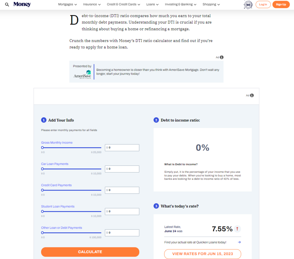 The Money website provides several financial calculators, e.g. for calculating mortgage loans