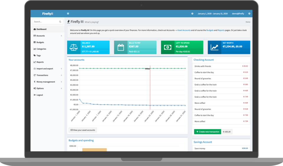 The main view in Firefly III, a PHP project that helps you manage your home budget