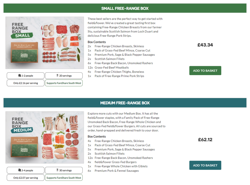 Auf seiner Website bietet das Lebensmittelunternehmen Field & Flower seinen Kunden Abonnements für seine Produkte