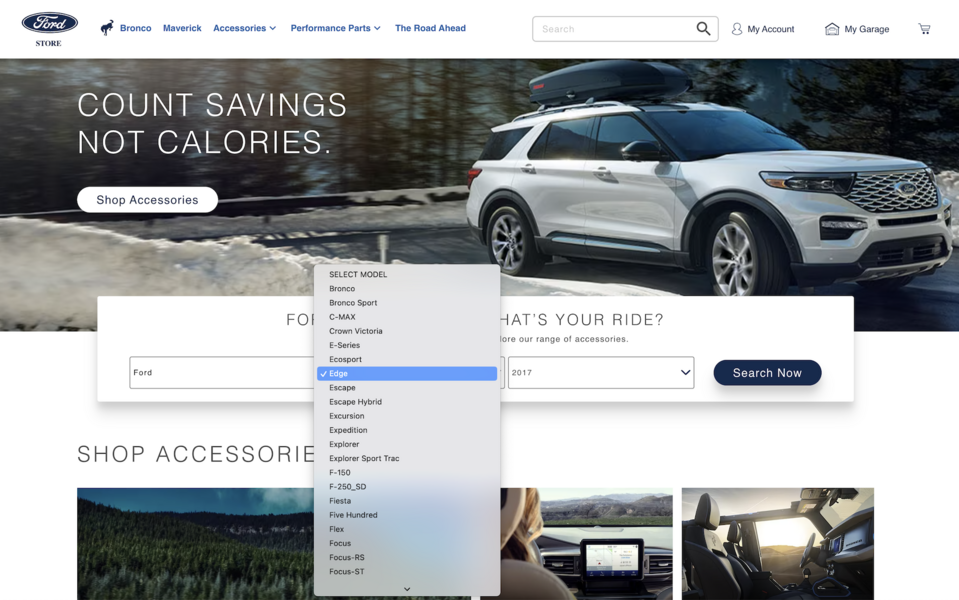 Auf der Magento-E-Commerce-Website mit Ford-Zubehör können Sie das Zielmodell des Autos angeben.