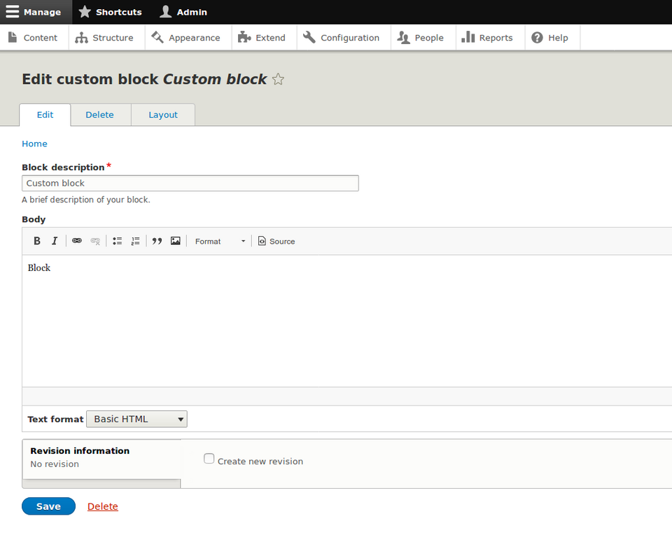 Bearbeitung eines benutzerdefinierten Blocks in Drupal