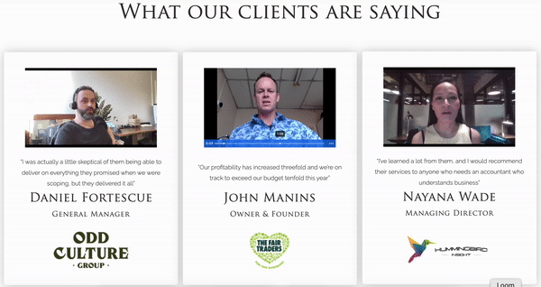 The testimonial videos on the website of the Fraser Scott accounting firm enhance its credibility
