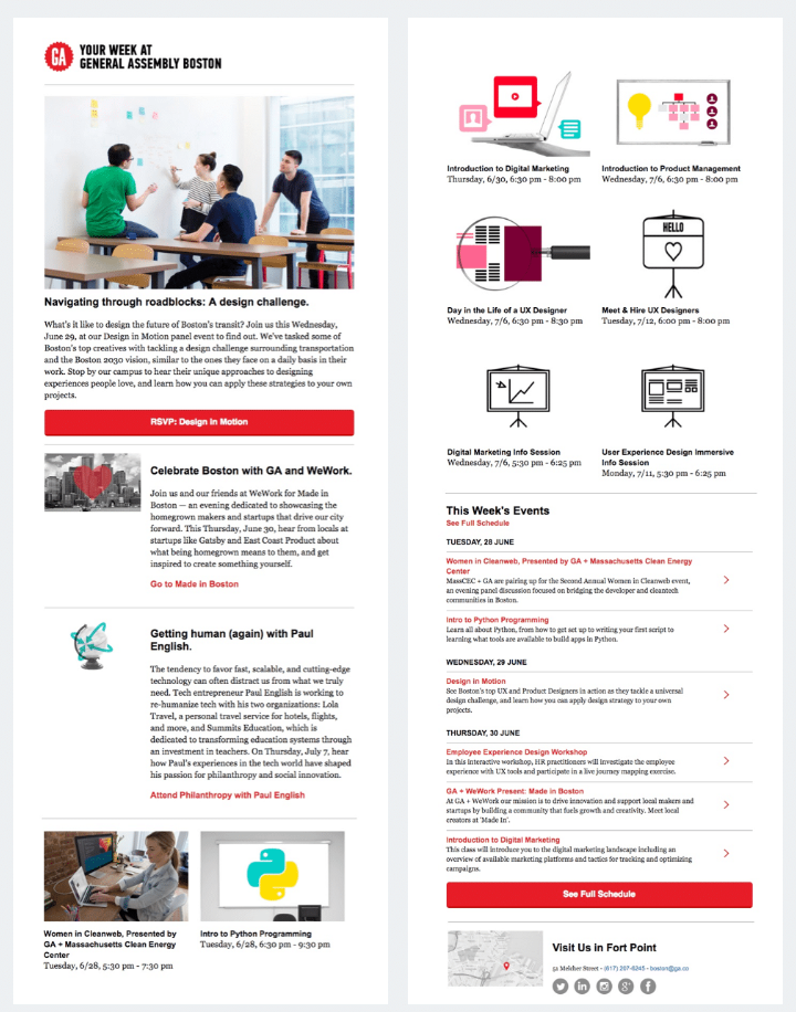 Der B2B-Newsletter von General Assembly informiert über bevorstehende Kurse, die von dem Unternehmen organisiert werden