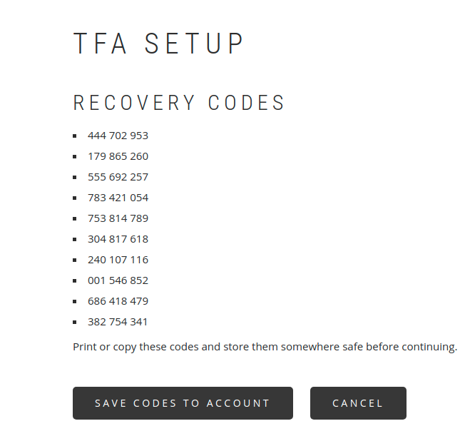 Generating the recovery codes for two factor authentication