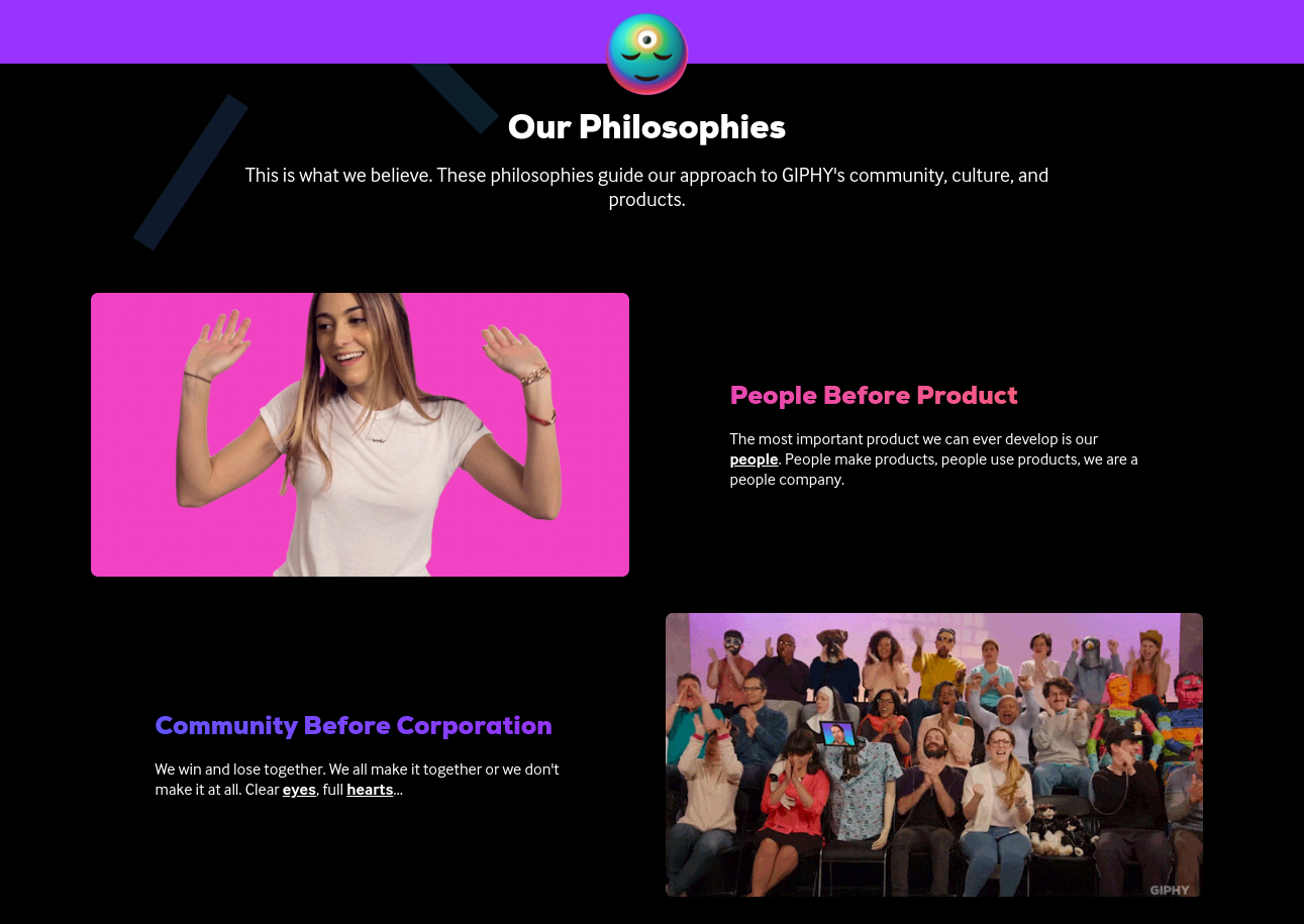 Giphy constructed an about us page from its flagship product - GIFs
