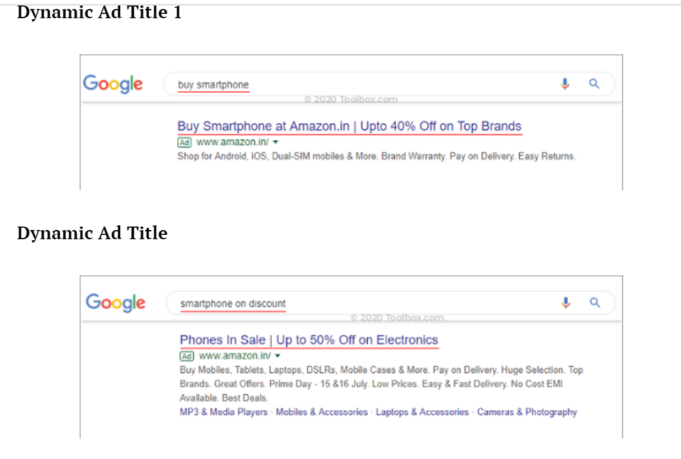 Amazon uses dynamic content for search ads to reach and attract users with suitable taglines.