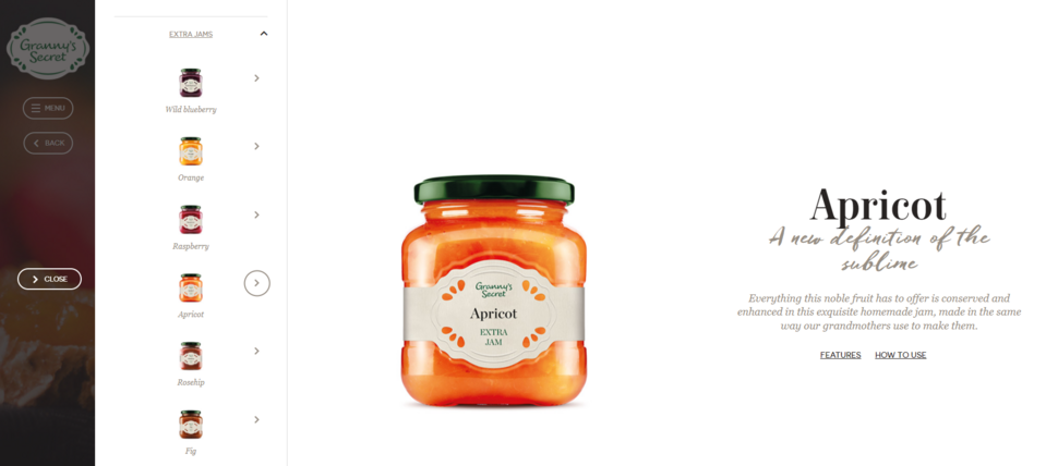 Produktbilder auf der Granny's Secret Lebensmittel-Website werden von Vorschlägen für ihre Verwendung begleitet