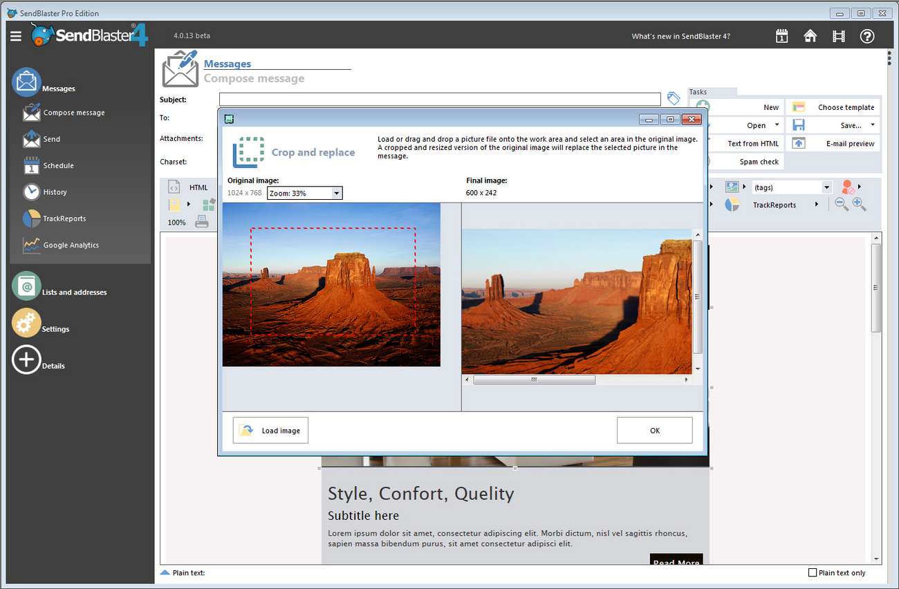 The graphical editor in SendBlaster mailing tool allows you to customize your photos