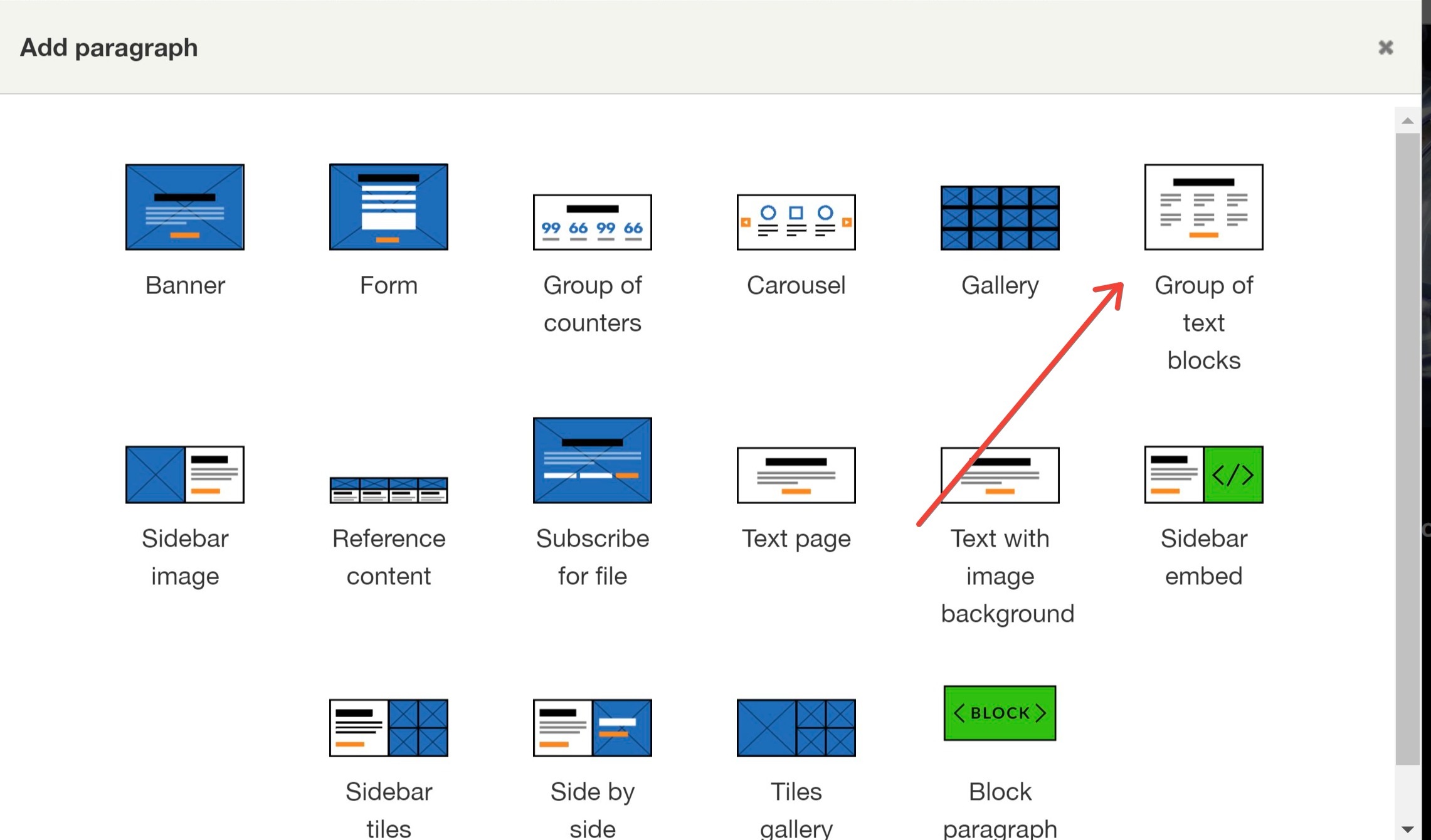 Selecting the Group of text blocks component in Droopler