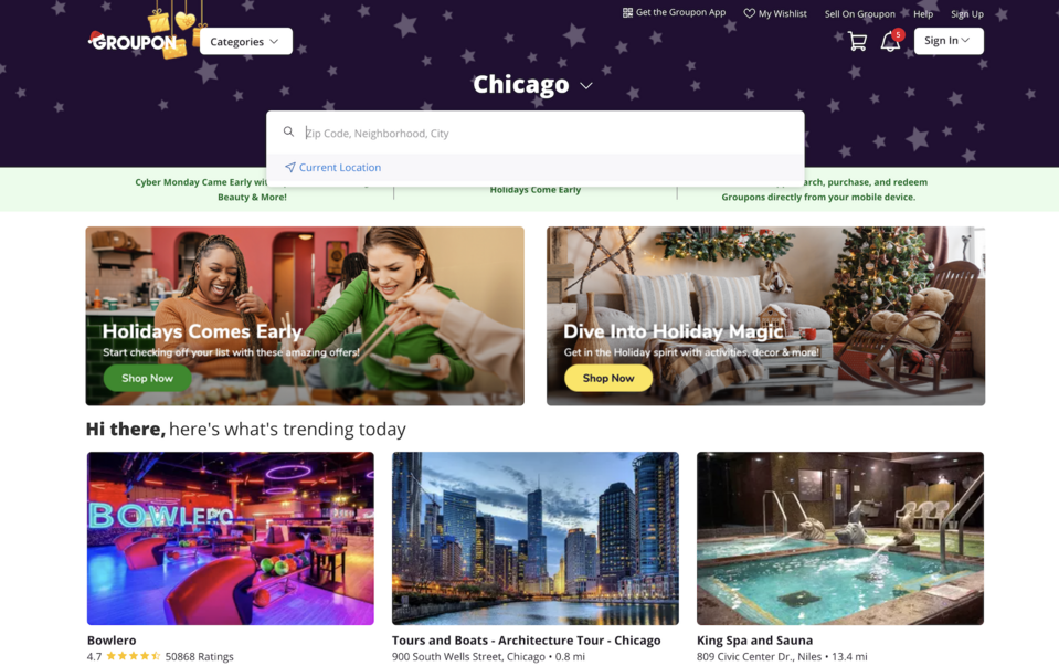 Groupon personalisiert Inhalte auf seiner Website, indem es die am besten passenden Angebote basierend auf dem Standort präsentiert.