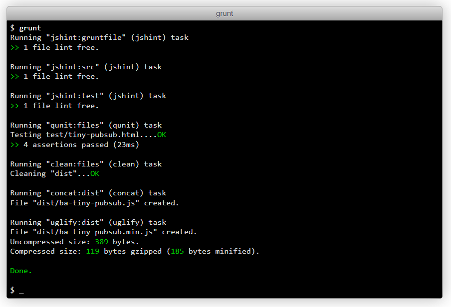 Example output you can get from running Grunt tool in a development project