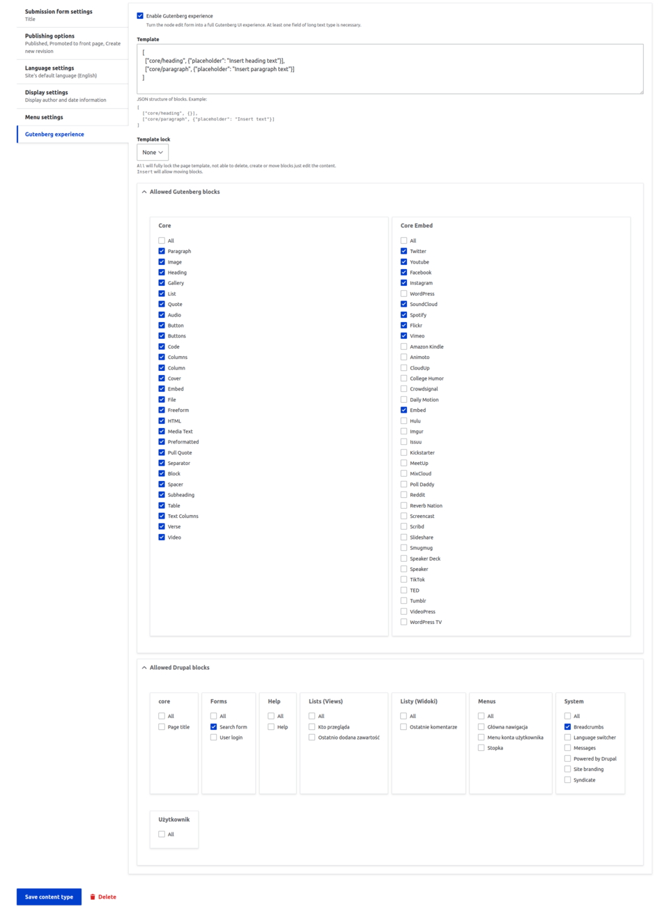 Choosing the allowed blocks in the Gutenberg experience tab