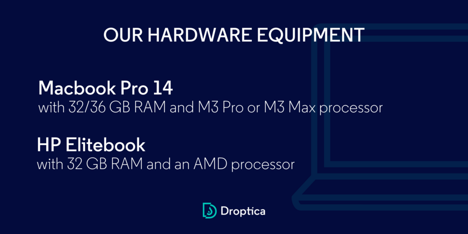 Bei Droptica verwenden Entwickler derzeit zwei Arten von Laptops - ein Macbook Pro 14 und ein HP Elitebook.