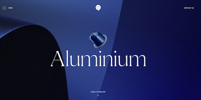 The Aluminium brand has a minimalistic Hero section on its website