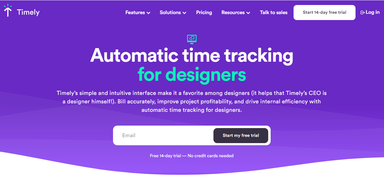 Timely - a time tracking tool - has a clear and attractive landing page