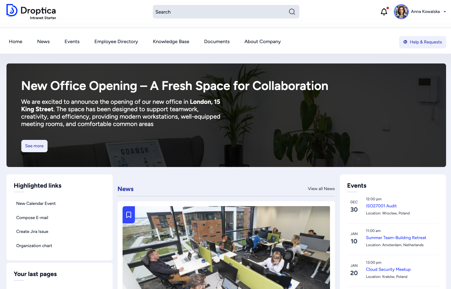 The Open Intranet platform allows you to customize elements on the home page