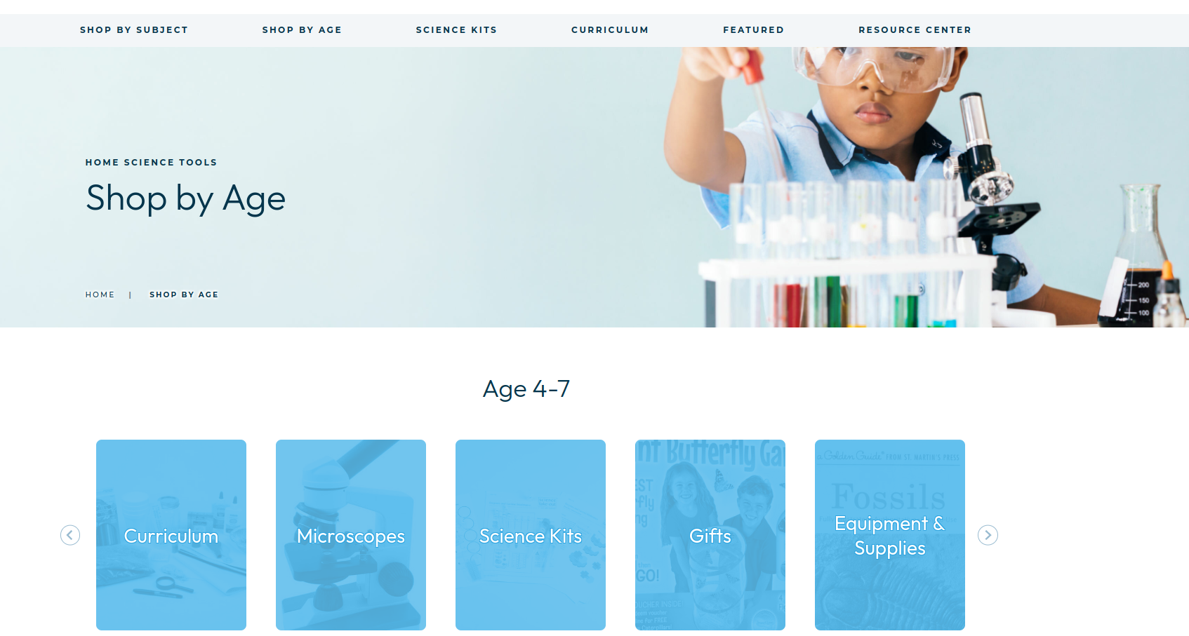 The Home Science Tools ecommerce website lets the user easily browse the products by age