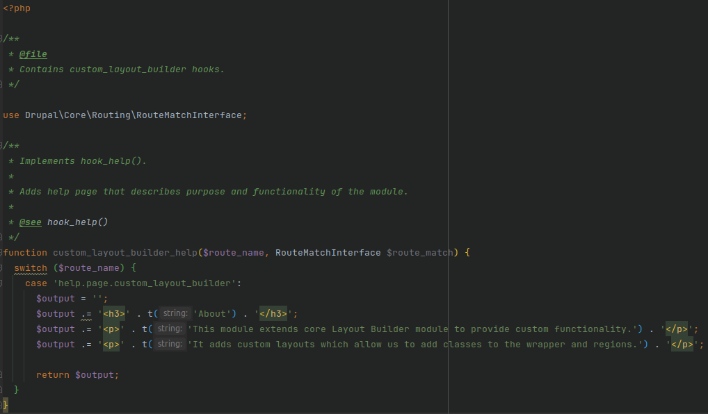 An example of the hook_help() implementation in the code of the new Drupal module