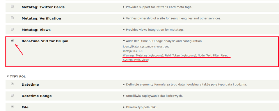 Das Yoast SEO Modul in der Liste der verfügbaren Module. Zusätzliche Informationen, einschließlich anderer für die Installation von Yoast benötigter Module, sind unter der Hauptbeschreibung angegeben
