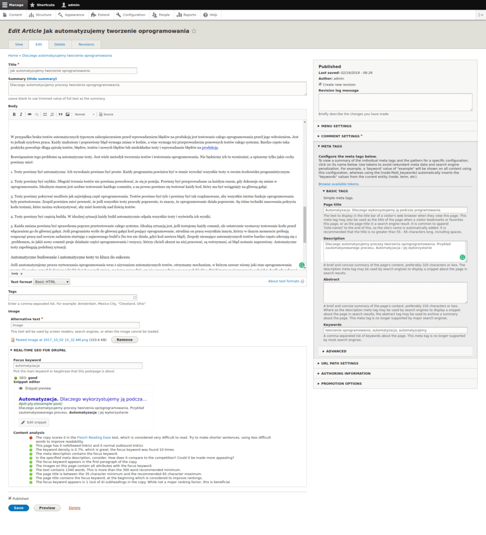 A sample page analysed by module. Red dot signifies things that should be reworked. Green ones mark areas where the blog post is doing great