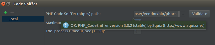 Validierte Datei. Das Etikett "ok, PHP_CodeSniffer Version 3.0.2 (stabil) von Squiz (http://squiz.net) sichtbar auf grünem Hintergrund, wie im Text beschrieben.