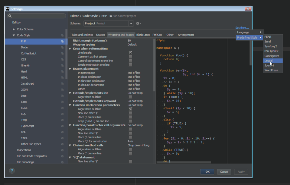 A drop-down menu of described configuration visible. The cursor highlights Drupal among the others visible on the list