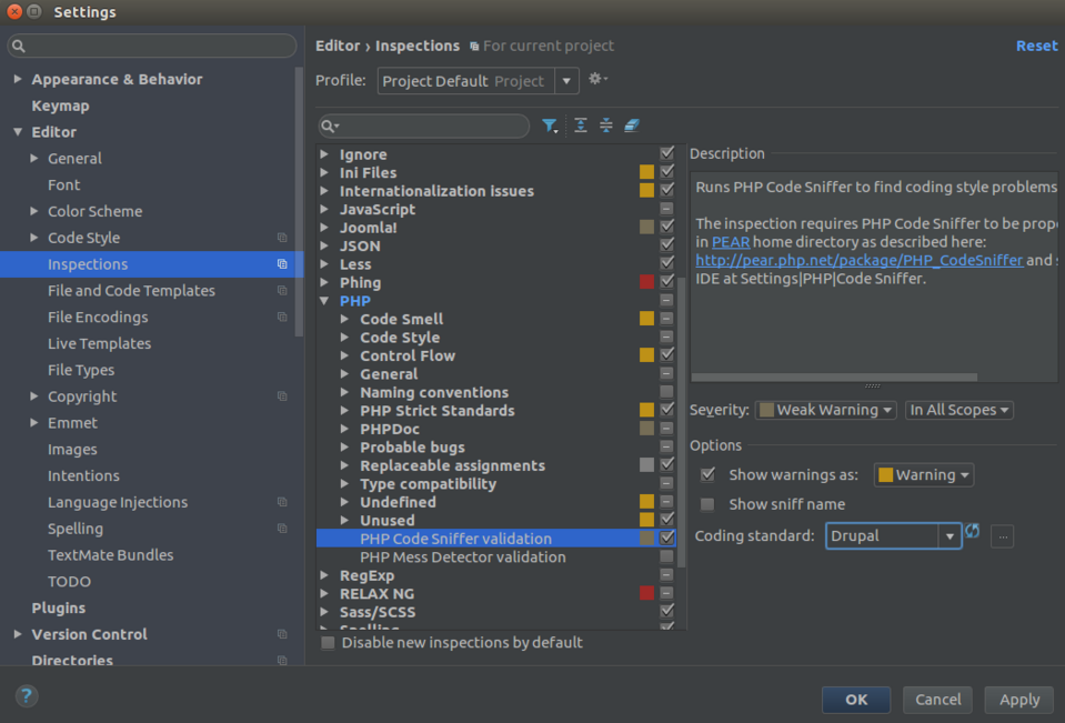 Drupal-Kodierungsstandards gewählt in den PHPStorm-Einstellungen