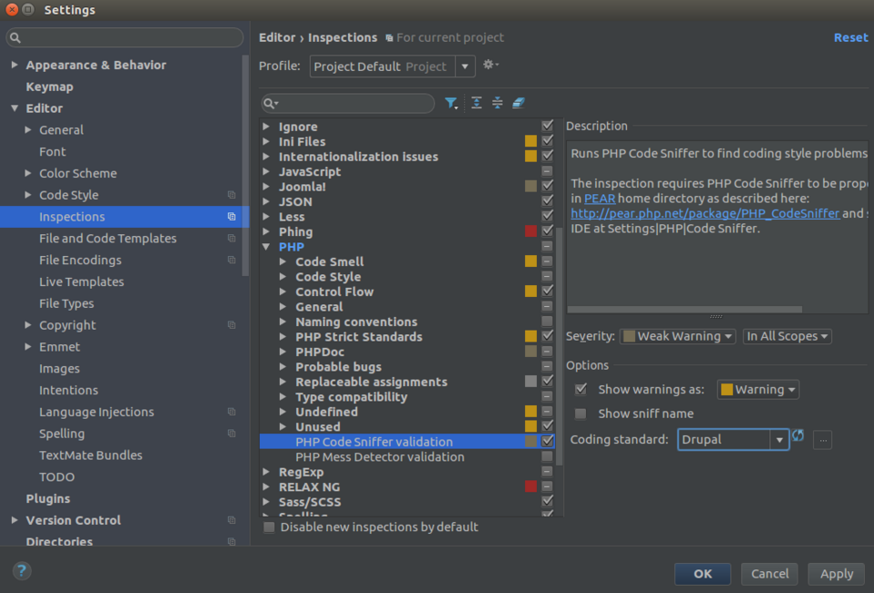 Drupal Coding standards chosen in PHPStorm settings