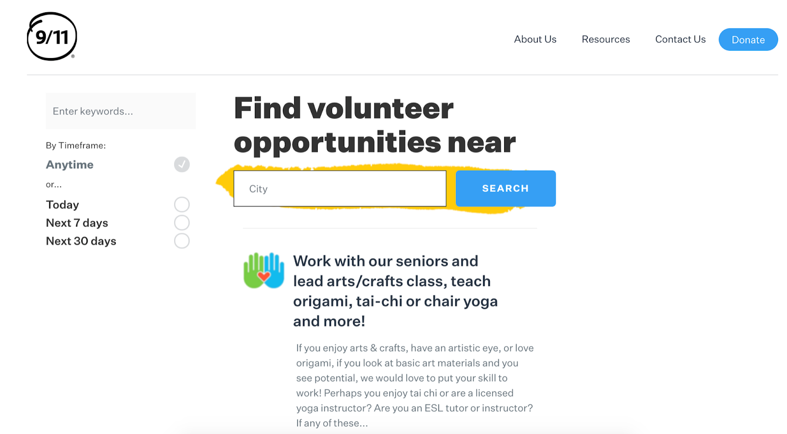 The search engine for discovering volunteer work options on the 911day.org website. You can search using keywords or location.