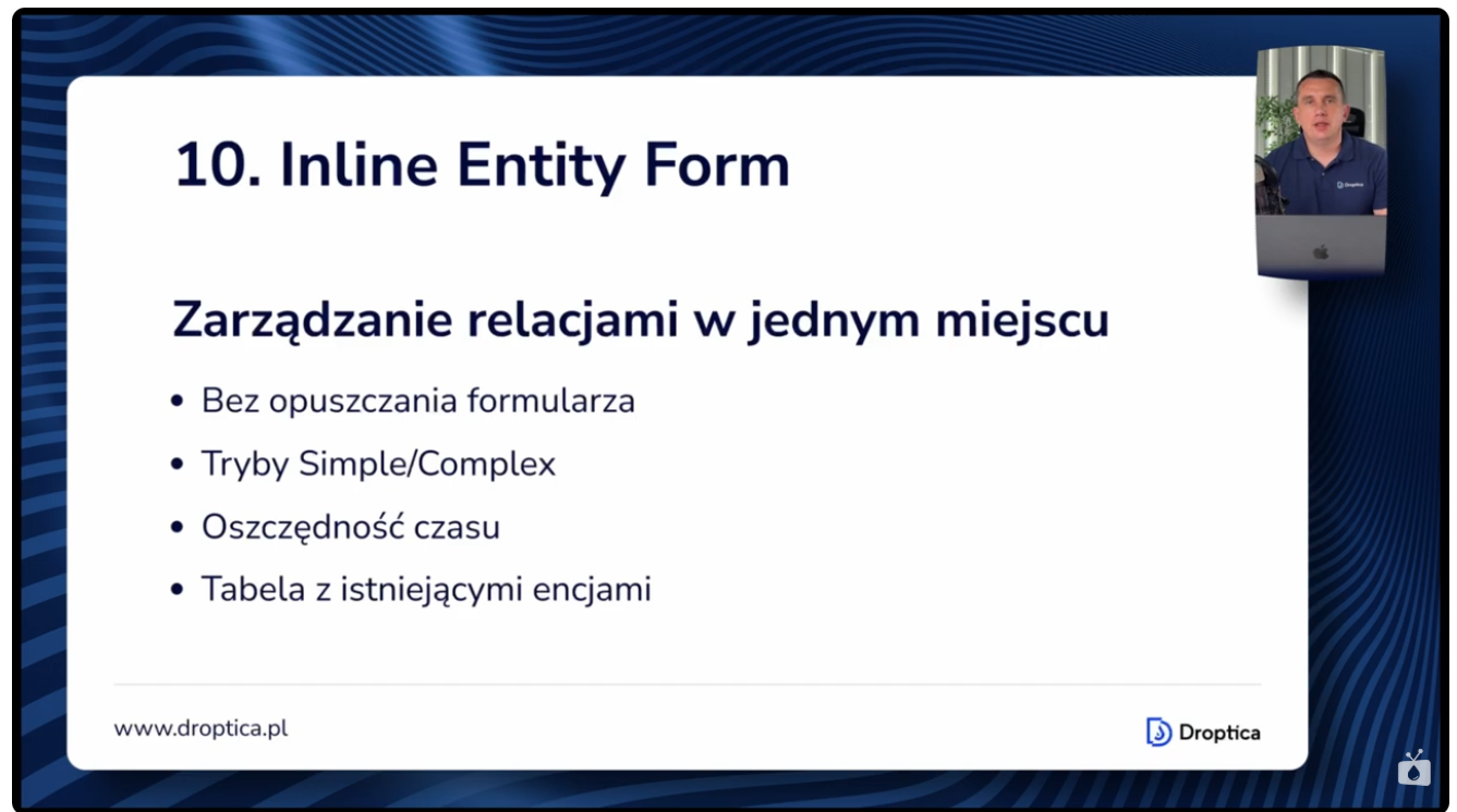 A slide showing the functionalities and advantages of the Drupal Inline Entity Form module.