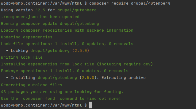 Using a Composer command to install the Drupal Gutenberg module