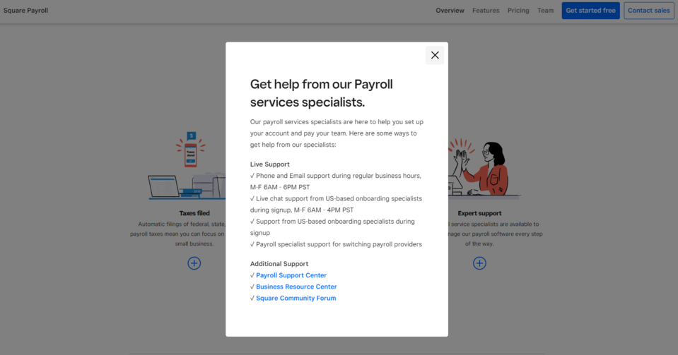 Ein interaktives Element auf der Square-Service-Seite, das mehr Details über das Angebot dieser Firma zeigt