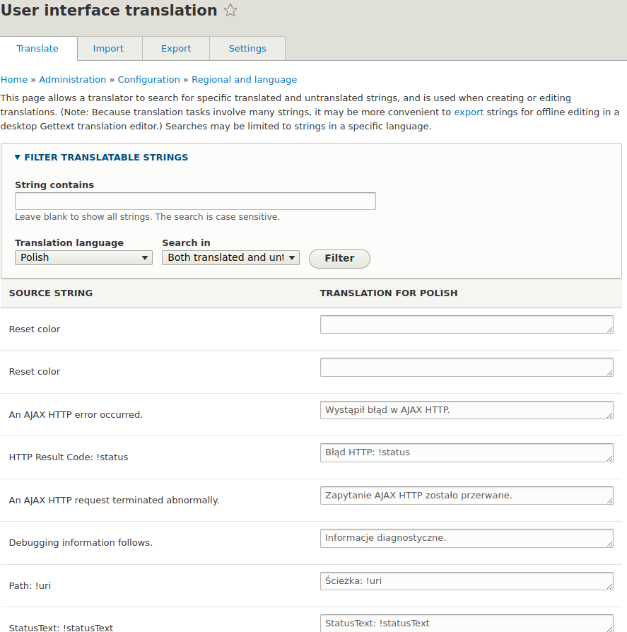 The interface translation form in Droopler is a part of its multilanguage functionality