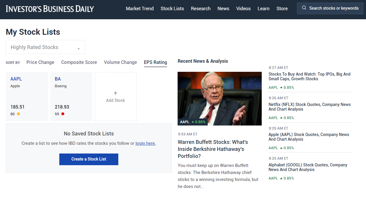 The Investor's Business Daily financial news website gives the possibility to create own stock list