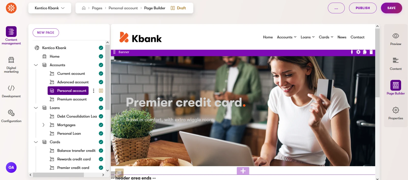 Website editing options in the Kentico CMS system
