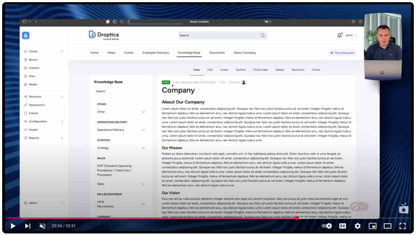Knowledge base in Open Intranet gathers all company instructions, procedures, and tutorials