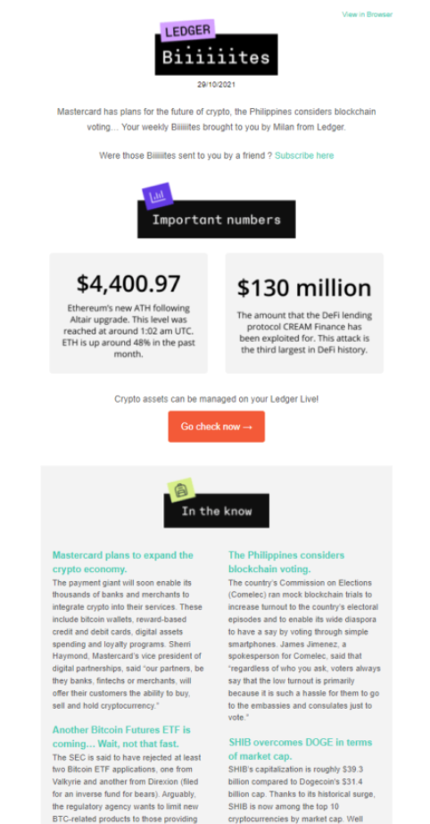 Der Newsletter von Ledger Company bietet Finanzberatung und Statistiken zu Kryptowährungen