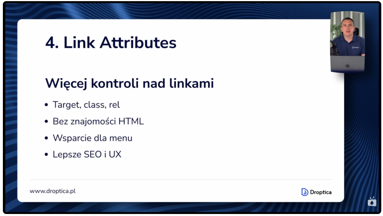 The slide shows the functionalities and advantages of the Drupal Link Attributes module. Viewers of this file can see comments and suggestions