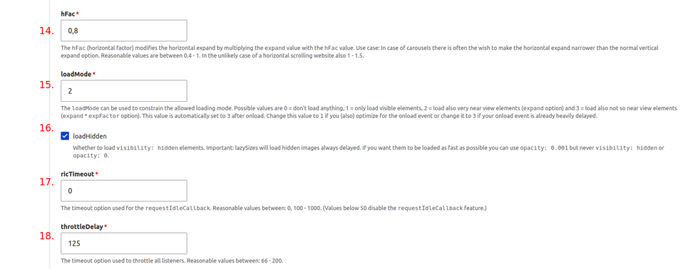 Settings in the Lazysizes library configuration related to loading mode and items to be loaded