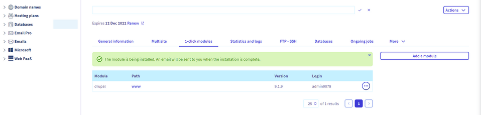 The login for the newly added CMS module on the OVH platform