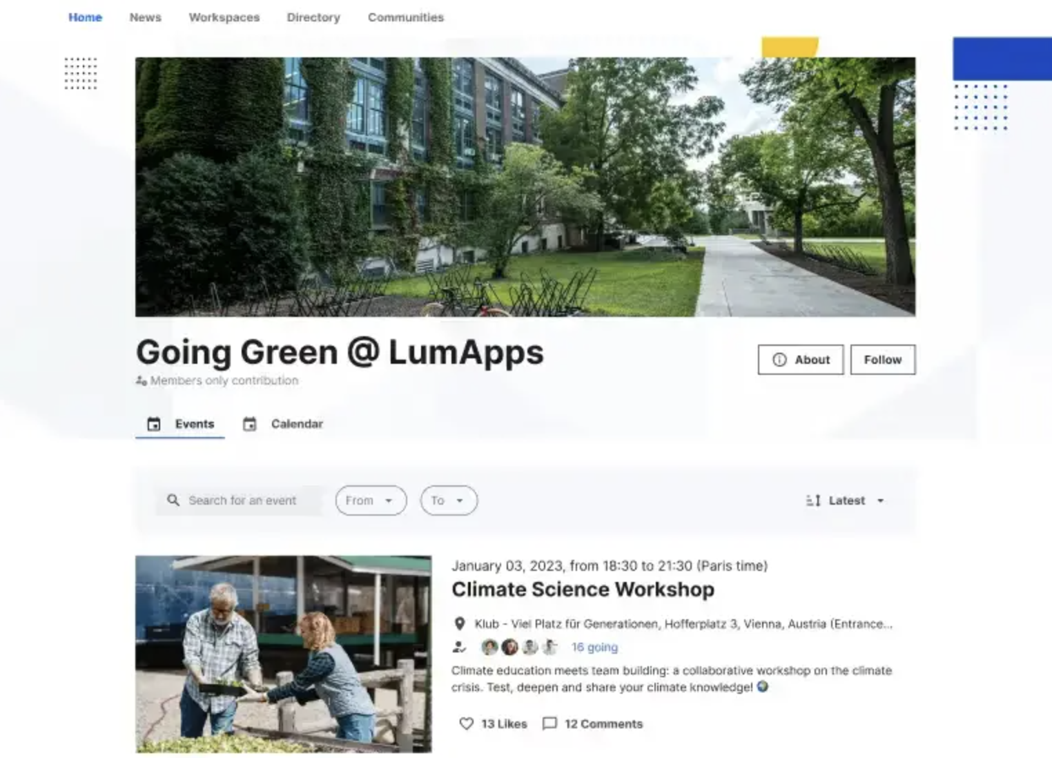 Sample event page on the LumApps intranet portal