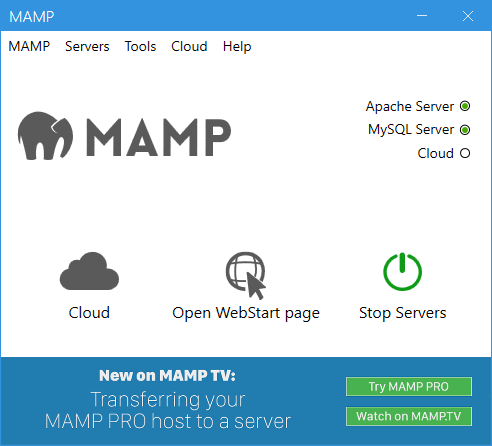 The starting view of Mamp - a tool for creating a local development environment