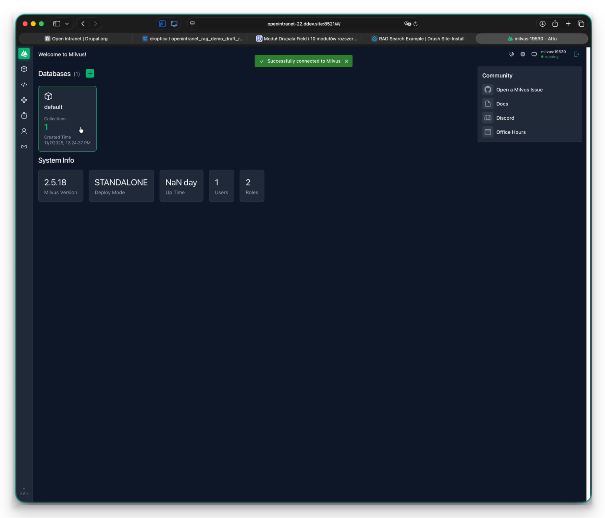 Screen with Milvus vector database running for Open Intranet