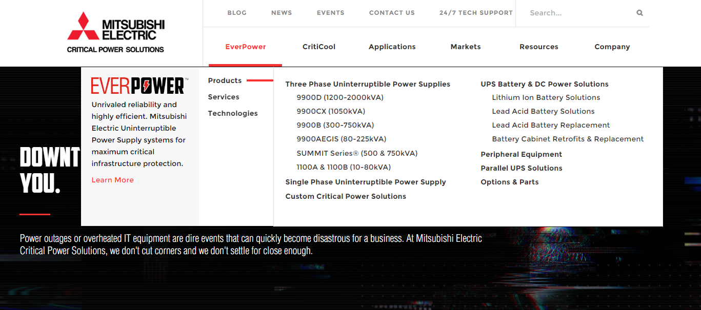 The Mitsubishi Electric manufacturing website has a complex but, at the same time, clear main menu
