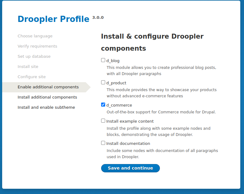 Configuration of the installed modules in Droopler