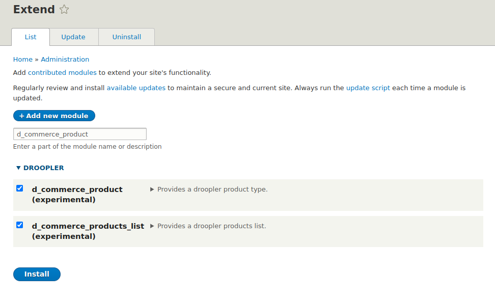 Installing modules for the ecommerce store in Droopler is standard